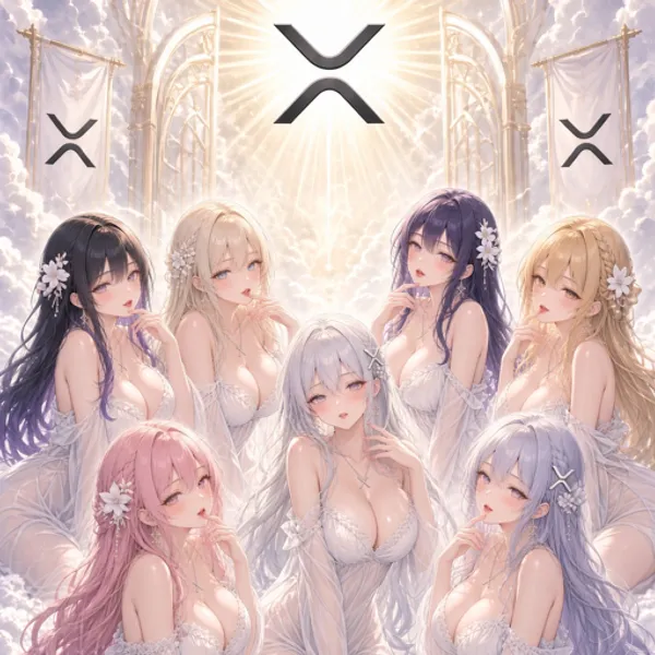 589 Virgins token artwork: seven angels beneath the XRP symbol in a radiant heavenly scene